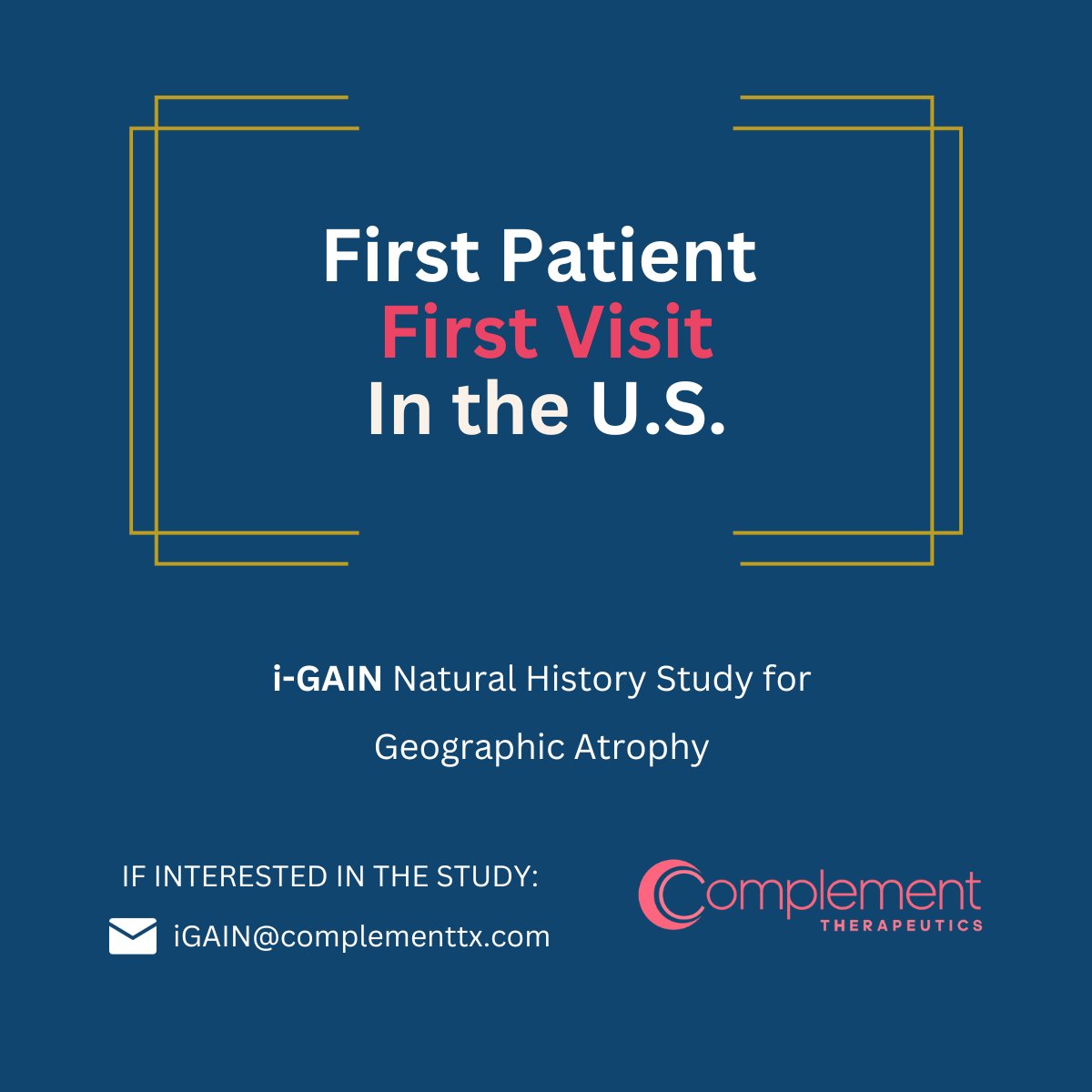 📢The first patient enrolled in our i-GAIN Natural History Study!

We will be recruiting 250 patients with geographic atrophy (#GA) secondary to age-related macular degeneration (#AMD) across the UK and US over the next 12 months.

Find out more here: bit.ly/465S2KW