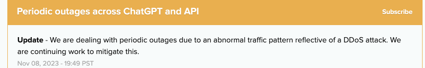 jonathanfilbert's tweet photo. ChatGPT is down, presumably due to a DDOS attempt. API Response is returning 429 - Too many requests.

Seems like world productivity comes to a halt 😂 https://t.co/vQbkPZ5glb