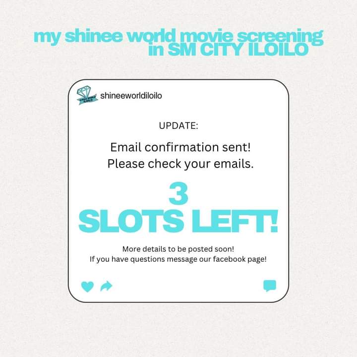LilFreak_Beshie's tweet photo. UPDATE! 

MY SHINee WORLD MOVIE SCREENING IN SM CITY ILOILO

💎3 slots left before we close the form! 

Reservation is until November 13 (MON), 2023 12 NN only 

Click the link for Reservation: 
https://t.co/b5NPquVPiA

#SHINeeWORLDPH
#MYSHINeeWORLD
#MYSHINeeWORLDPHSCEEENING https://t.co/rKDysCiWq0