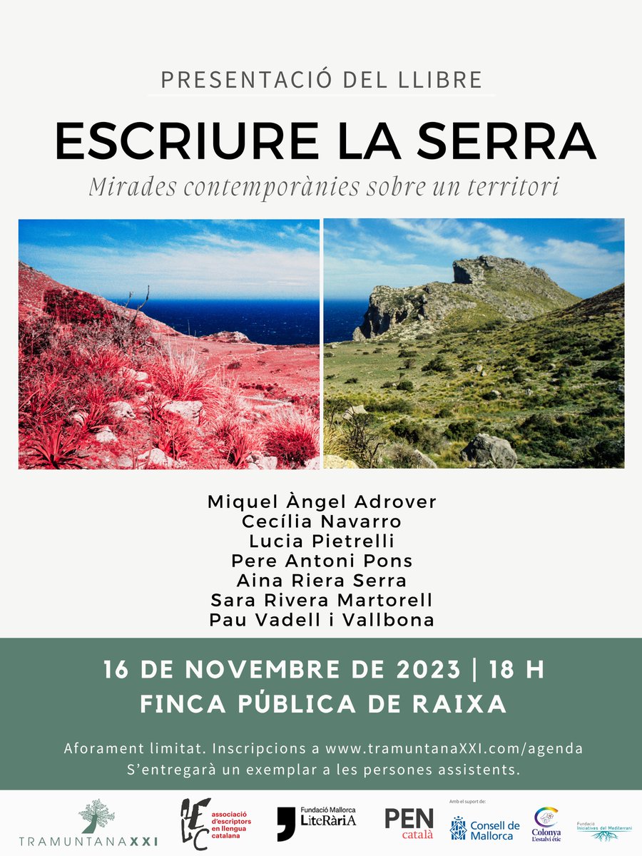 Tenim el plaer de convidar-vos a la presentació del llibre "Escriure la Serra: mirades contemporànies sobre un territori".  

7 autors/es ens comparteixen les seves mirades sobre la Serra   

📖Es lliurarà un exemplar als assistents.  📷tramuntanaxxi.com/agenda