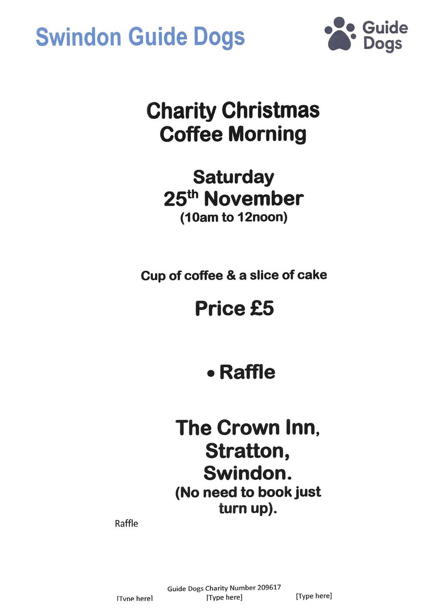CHARITY CHRISTMAS COFFEE MORNING.
Saturday 25th November from 10am>Midday at The Crown, Stratton SN3 4NL.
A cup of coffee &amp; a slice of cake for just £5!
There will be a raffle with great seasonal prizes.

No need to book just come along &amp; join in! #li