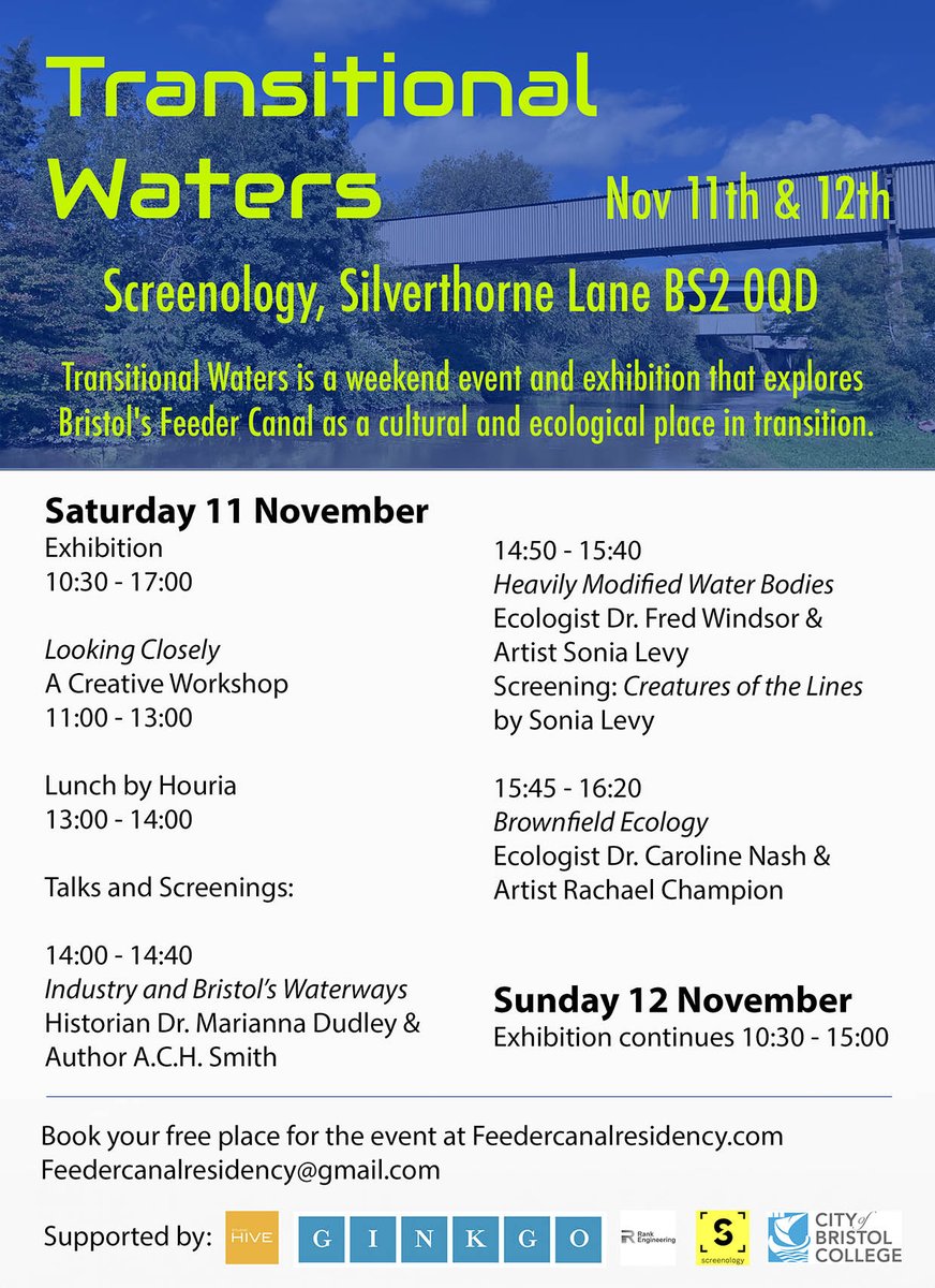 This weekend! Don't miss #TransitionalWaters 11 – 12 November, a weekend event and exhibition that explores Bristol's Feeder Canal as a cultural and ecological place in transition. 💧🌿 Book your free place: bit.ly/3QP3KFh #Ecology #Art #PublicRealm