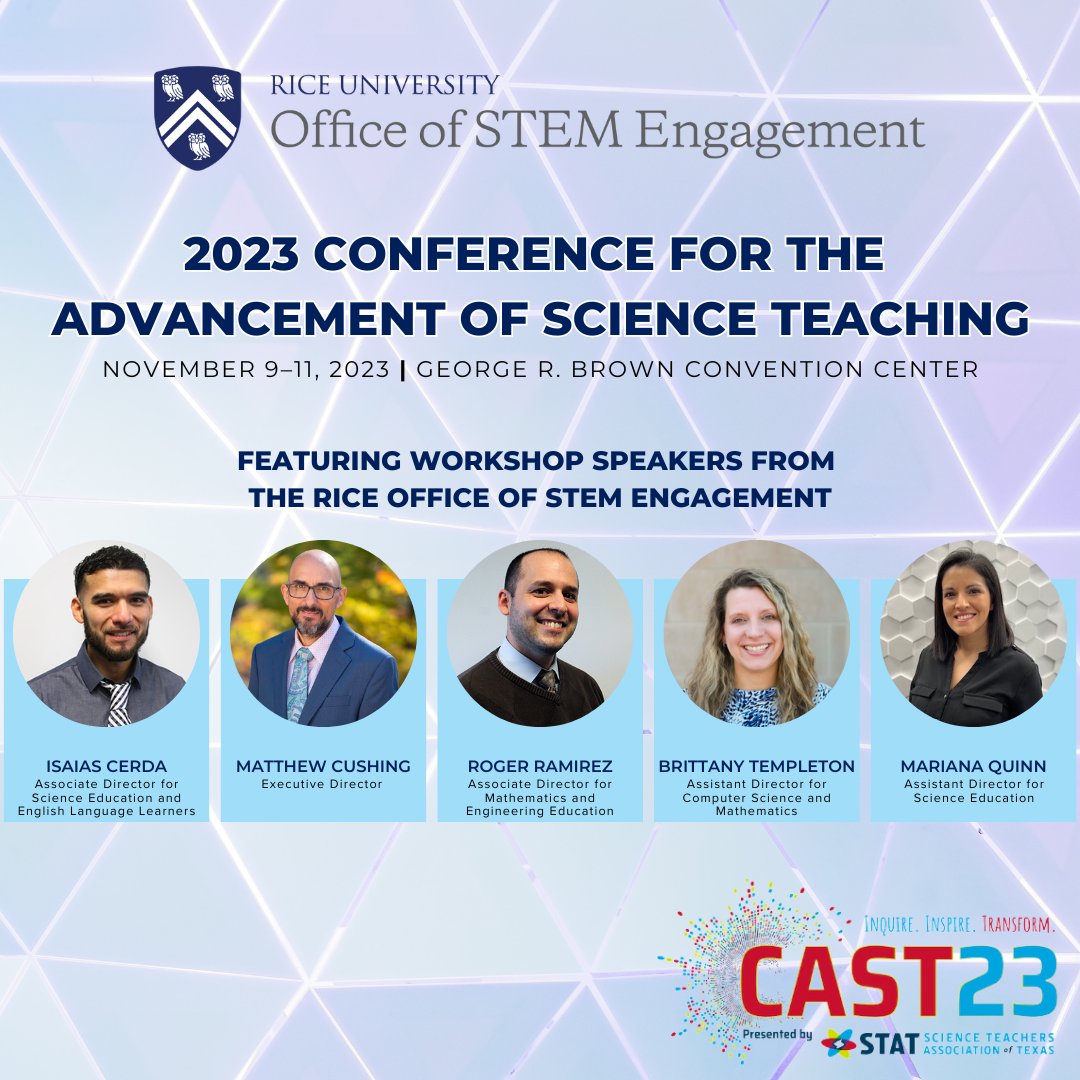 R-STEM (@riceu_stem) on Twitter photo Excited to kick off Day 1 at <a href="/TXScienceSTAT/">Science Teachers Association of Texas (STAT)</a> #CAST2023, where science educators take a dive into innovation by exploring new TEKS and empower students to explore the wonders of science. Let the learning journey begin! #CAST23 #InspireDiscoverTeach @RiceU_News Excited to kick off Day 1 at <a href="/TXScienceSTAT/">Science Teachers Association of Texas (STAT)</a> #CAST2023, where science educators take a dive into innovation by exploring new TEKS and empower students to explore the wonders of science. Let the learning journey begin! #CAST23 #InspireDiscoverTeach @RiceU_News