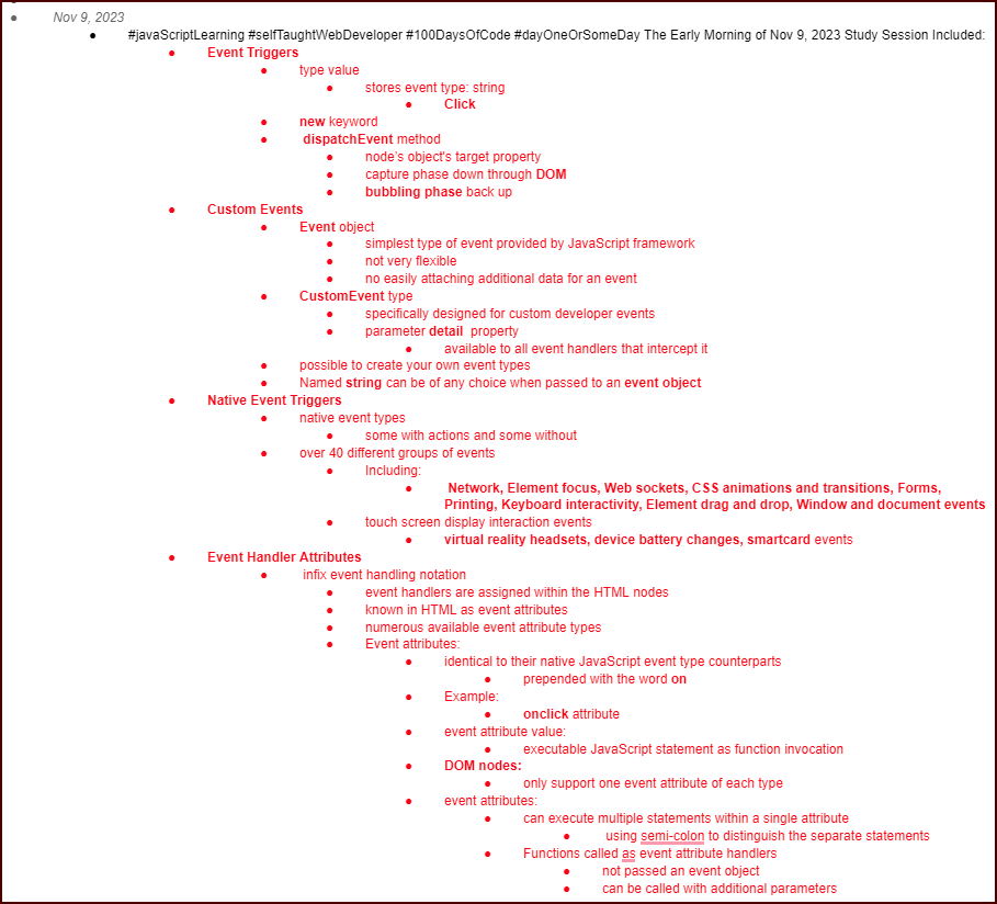 Montes_Codes's tweet image. ● Nov 9, 2023
● #javaScriptLearning #selfTaughtWebDeveloper #100DaysOfCode #dayOneOrSomeDay The Early Morning of Nov 9, 2023 Study Session Included: