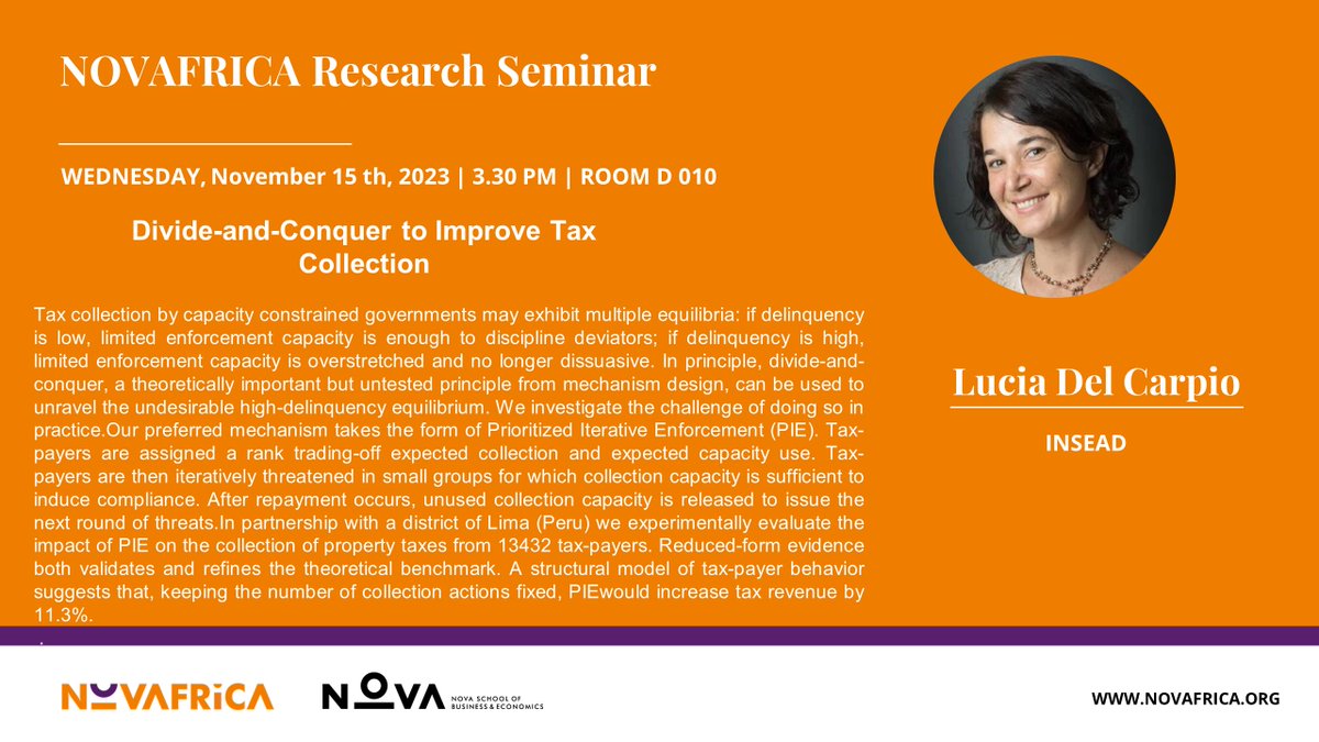 Professor Lucia del Carpio from <a href="/INSEAD/">INSEAD</a> will give a @NOVAFRICA seminar on "Using Divide-and-Conquer to Improve Tax Collection"

On Wednesday,  Nov 15,  3.30 pm (Lisbon time),  Room D 010 <a href="/NovaSBE/">NovaSBE</a> campus 
 
🔗 Zoom Link: bit.ly/3L0WC5I

#EconTwitter