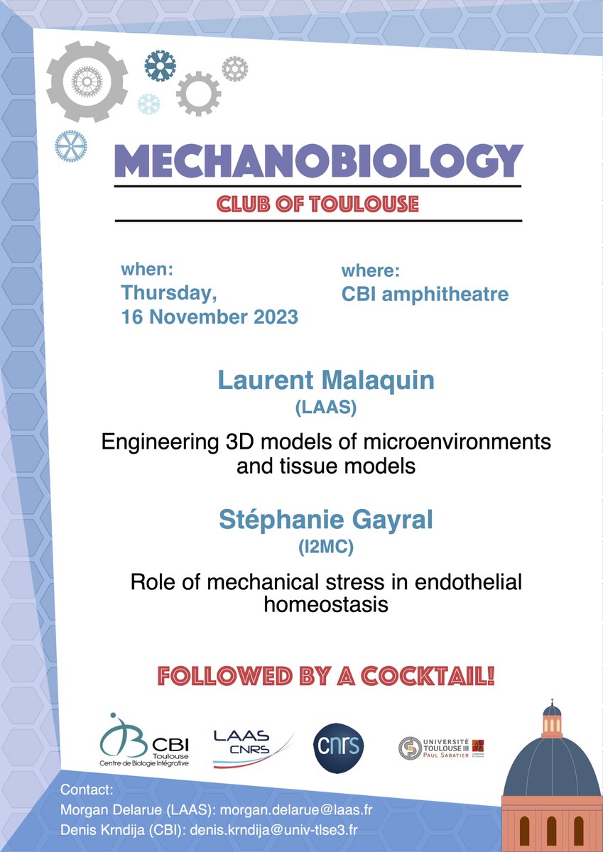 Mechanobiology Club of Toulouse (@mechanoclub) on Twitter photo ‼️📢The Mechanobiology Club of Toulouse returns on next Thursday, Nov 16, at <a href="/CbiToulouse/">CBI Toulouse</a>! Join us for exceptional presentations by Laurent Malaquin (<a href="/LaasCNRS/">LAAS-CNRS</a>) and Stéphanie Gayral (<a href="/I2mcT/">I2MC-Toulouse</a>), and don't miss the chance to enjoy our delicious customary cocktail afterward! 👍🍷🤩✨ ‼️📢The Mechanobiology Club of Toulouse returns on next Thursday, Nov 16, at <a href="/CbiToulouse/">CBI Toulouse</a>! Join us for exceptional presentations by Laurent Malaquin (<a href="/LaasCNRS/">LAAS-CNRS</a>) and Stéphanie Gayral (<a href="/I2mcT/">I2MC-Toulouse</a>), and don't miss the chance to enjoy our delicious customary cocktail afterward! 👍🍷🤩✨