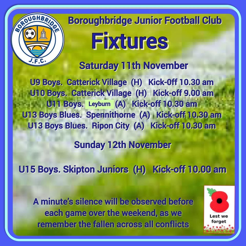 After last week’s postponements this weekend most of our teams are in action. The U9 &amp; U10s Saturday home fixtures will take place @official_BAFC. The U15s Sunday home fixture will be #Boroughbridge High School.  Any support is most welcome. Good luck to all teams.