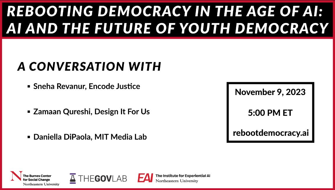 The GovLab (@thegovlab) on Twitter photo 🚨 Today!
Join us for an important conversation on #AI and the Future of Youth Democracy with @sneharevanur, <a href="/zamaan_qureshi/">Zamaan Qureshi</a>, and <a href="/danielladipaola/">Daniella DiPaola</a>.
⏰ 5 p.m. ET
💻 Register: us02web.zoom.us/meeting/regist… 🚨 Today!
Join us for an important conversation on #AI and the Future of Youth Democracy with @sneharevanur, <a href="/zamaan_qureshi/">Zamaan Qureshi</a>, and <a href="/danielladipaola/">Daniella DiPaola</a>.
⏰ 5 p.m. ET
💻 Register: us02web.zoom.us/meeting/regist…