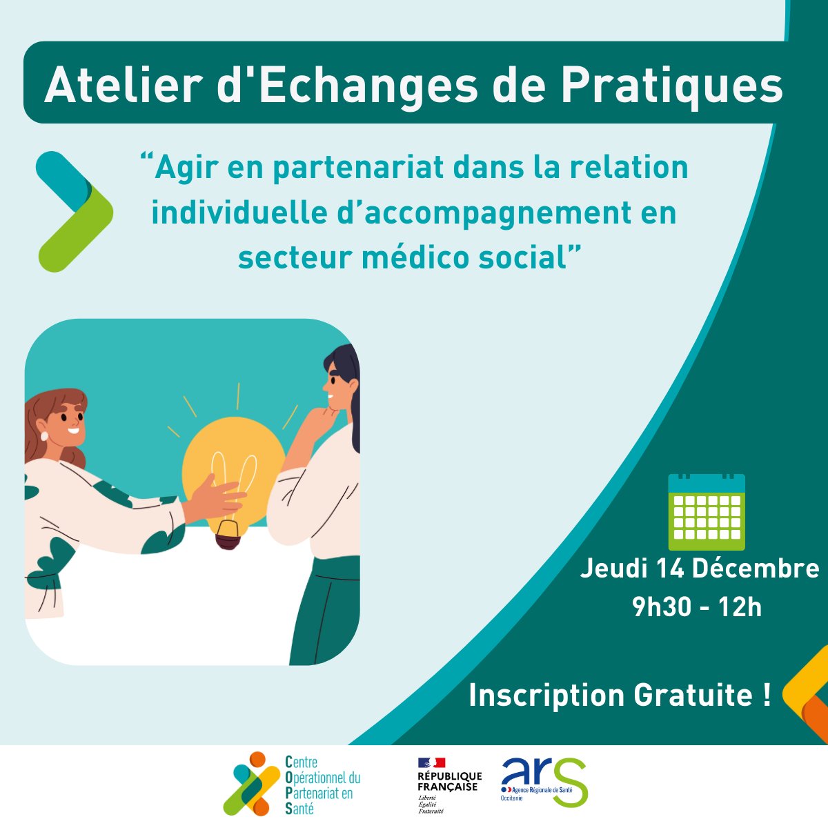 « Agir en partenariat dans la relation individuelle d'accompagnement en secteur médico social  » 
🔸 Quand ? : 14 décembre 9h30-12h
🔸 Comment ? En visio 
🔸 Qui peut s'inscrire ? 10 personnes en Occitanie, une diversité de profils est recherchée 
#patientpartenaire #Sante
