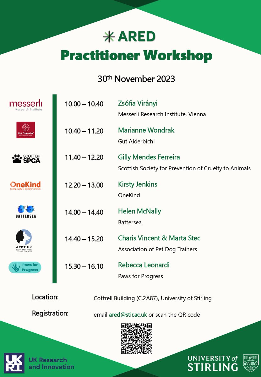 On November 30th, the ARED project is hosting a practitioner workshop on animal minds! 

We will be joined by speakers from <a href="/ScottishSPCA/">Scottish SPCA 🐾</a>, <a href="/apdt_uk/">APDT</a>, <a href="/Battersea_PA/">Battersea Public Affairs</a>, <a href="/onekindtweet/">OneKind</a>, and <a href="/PawsforProgress/">Paws for Progress</a>.   

Please fill out this form to register: forms.office.com/e/1GaZz3rTpi