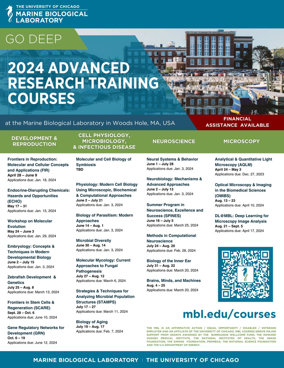 We're excited to announce that the applications for the 2024 Advanced Research Training Courses at the MBL are OPEN! Deepen your horizons. Deepen your understanding. Go deep at the MBL. mbl.edu/courses