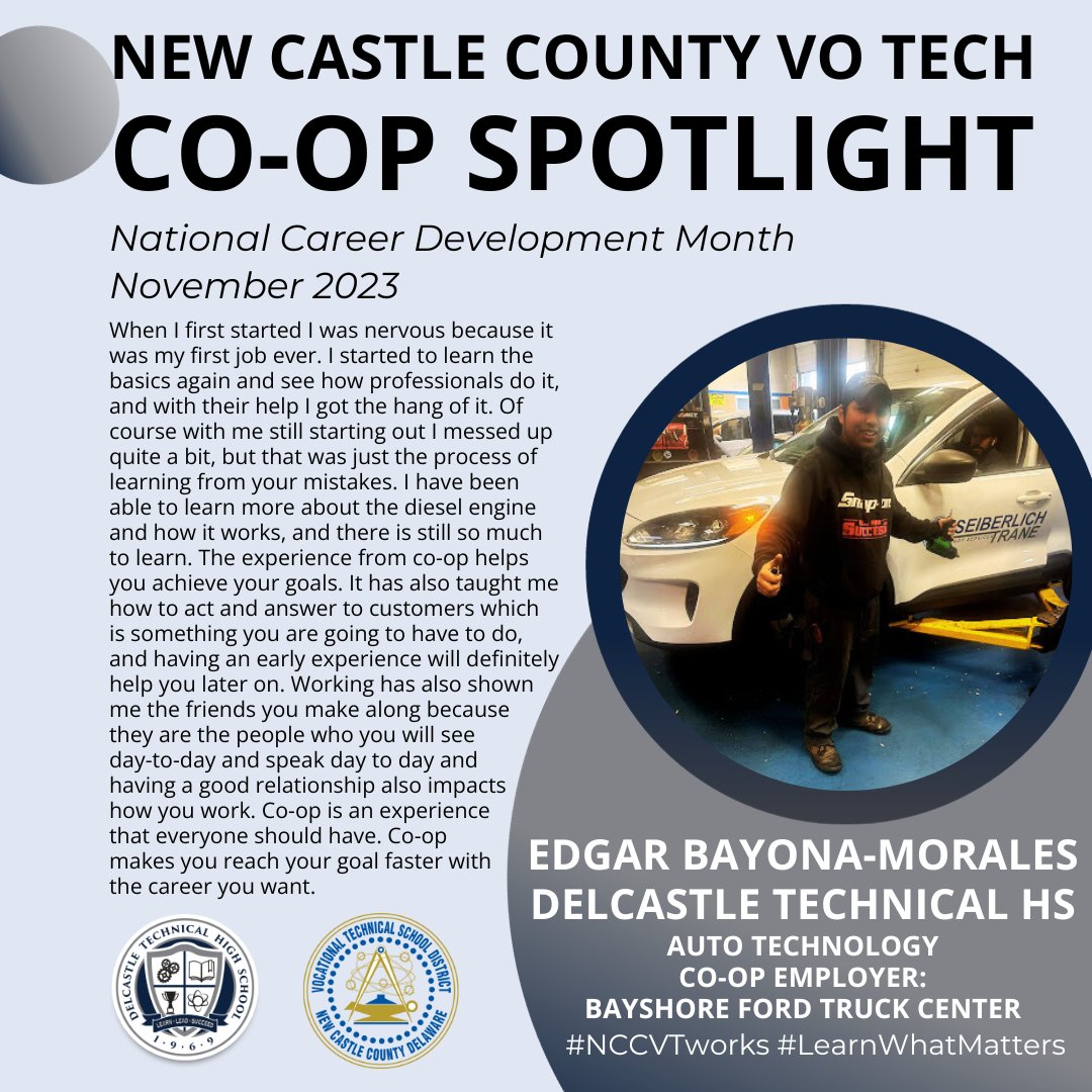 NCC Vo-Tech (@nccvtsd) on Twitter photo #NationalCareerDevelopmentMonth Seniors in NCCVT can #learnwhatmatters & launch their careers in relevant work opportunities thru our cooperative employment pgm. Edgar Bayona-Morales is an Auto Tech senior <a href="/delcastle_ths/">Delcastle Technical High School</a> who is working at @bayshoreford. #nccvtworks #NationalCareerDevelopmentMonth Seniors in NCCVT can #learnwhatmatters & launch their careers in relevant work opportunities thru our cooperative employment pgm. Edgar Bayona-Morales is an Auto Tech senior <a href="/delcastle_ths/">Delcastle Technical High School</a> who is working at @bayshoreford. #nccvtworks