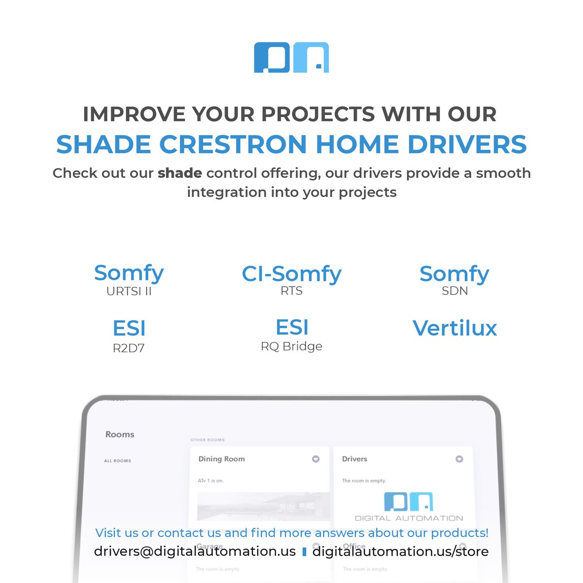 DAutomation's tweet image. Improve your projects with our shade @Crestron  Home® drivers! Our shade control offering provide smooth integration into your projects. 

Visit us and find more!
digitalautomation.us/product-catego…

@SomfyUS @vertilux #Crestron #crestroncontrol #smarthome #crestronhome #homeautomation