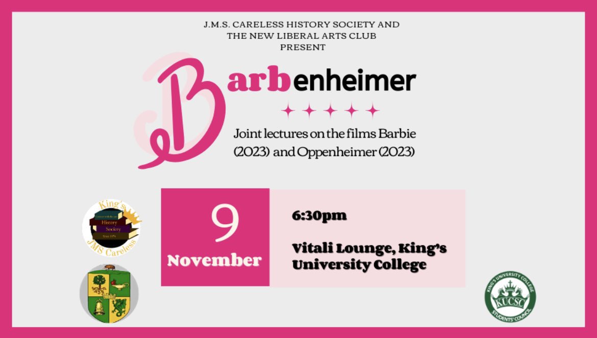 History at King's (@history_kings) on Twitter photo Join us on Nov. 9 at 6:30 p.m. for a fascinating joint lecture on Barbenheimer by Dr. @ProfessorBroad and Dr. @Aly_Meek.
Hosted by <a href="/JMSHistoryClub/">The JMS Careless History Society</a> and The New Liberal Arts Club at the Vitali Lounge. See you there! Join us on Nov. 9 at 6:30 p.m. for a fascinating joint lecture on Barbenheimer by Dr. @ProfessorBroad and Dr. @Aly_Meek.
Hosted by <a href="/JMSHistoryClub/">The JMS Careless History Society</a> and The New Liberal Arts Club at the Vitali Lounge. See you there!