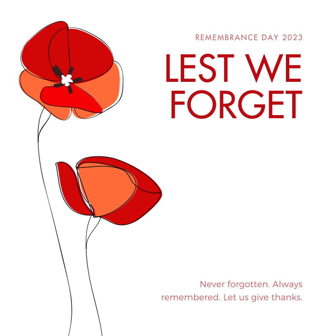 Today we honour the sacrifice and bravery of all veterans and military members who have served and continue to serve Canada. Pay tribute by wearing a poppy, observing a moment of silence at 11 a.m., or by attending a community service. Lest we forget.