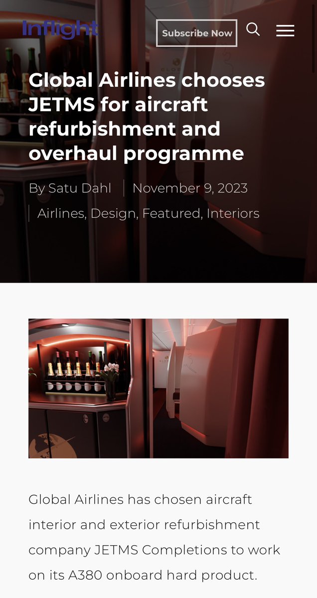 💺✈️ A huge piece of <a href="/globalairlines/">Global Airlines</a> news yesterday, and just a small sneak peak of our future cabins…the full product will be unveiled very shortly, and it’s all looking AMAZING. 

I couldn’t be more proud to be partnering with <a href="/JET_Maintenance/">JETMS</a> for our a380 cabin refurbishment