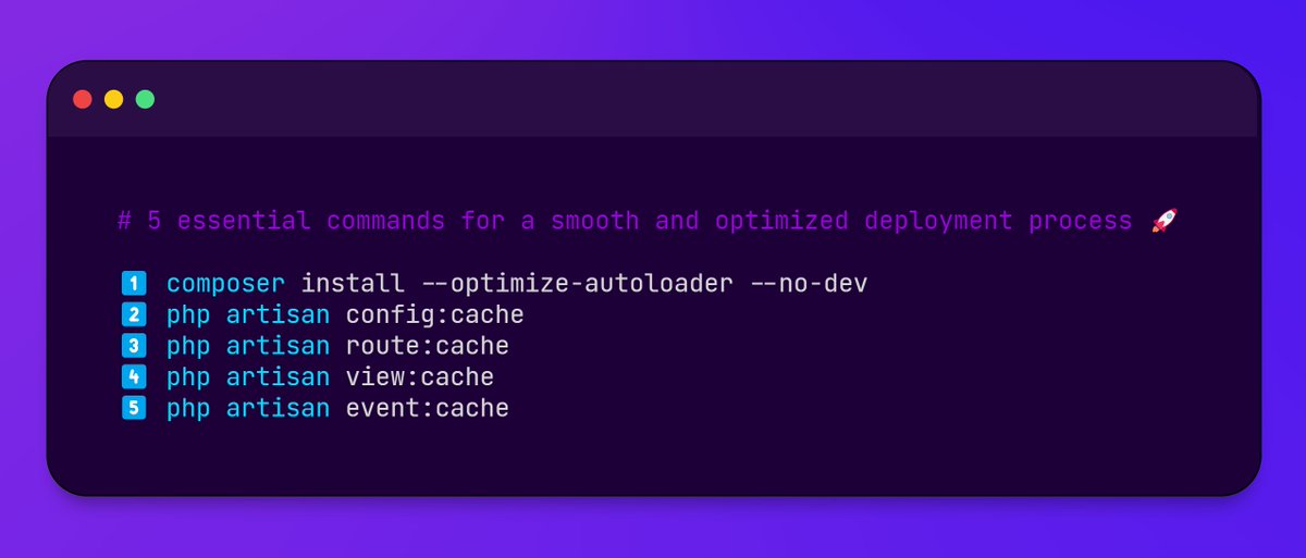 MrPunyapal's tweet image. 🚀 Laravel Deployment Tips 🚀

Are you preparing to deploy your #Laravel application? 🤔

Here are the 5 essential commands for a smooth and optimized deployment process:

(Thread starts below for detailed explanations) 👇