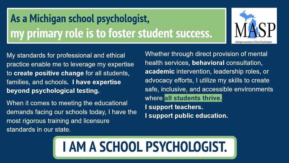 Happy National School Psychology Week!  Did you know that MASP routinely works with our lobbyist, legislators, organizations, and many more individuals &amp; entities to help reduce the shortage and increase the visibility of our field? #SchoolPsychWeek #MASPAdvocates #NASPAdvocates