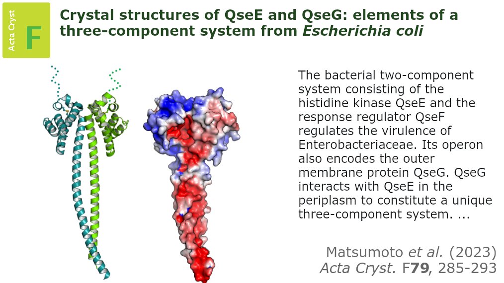 Crystal structures of QseG as well as of a periplasmic domain of QseE provide insights into the interaction between QseG and QseE in a three-component system from enterohemorrhagic E. coli @IUCr #TwoComponentSystem #CrystalStructure #AlphaFold doi.org/10.1107/S20532…