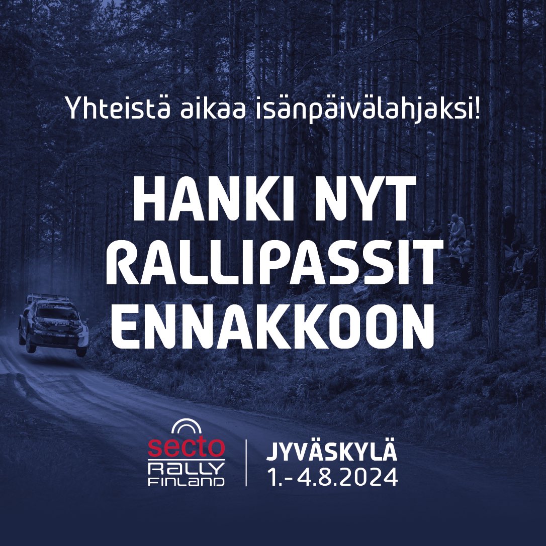 Yhteistä aikaa isänpäivälahjaksi! Nyt voit hankkia isällesi lahjaksi rallipassin kesän 2024 parhaimpaan ja vauhdikkaimpaan viikonloppuun!😍 🚗 Secto Rally Finland 🗓️ 1.-4.8.2024 📍 Jyväskylä Isänpäiväostoksille N-Y-T: coregoshop.fi/sectorallyfinl… #sectorallyfinland #rallyfinland