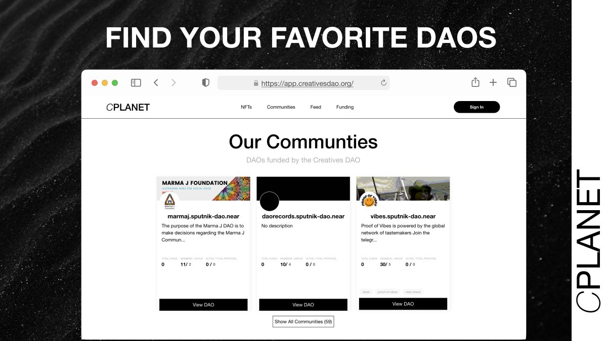 genadrop's tweet image. Announcing the alpha for 🌎cplanet.org, the #BOS gateway + 1 stop shop for 🎨@CreativesDao. Currently you can explore CDAO posts, NFTs, &amp;amp; communities directly from the gateway. Soon we will be shipping custom artist onboarding flow, art funding platform, + quests 👀