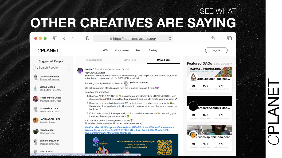 genadrop's tweet image. Announcing the alpha for 🌎cplanet.org, the #BOS gateway + 1 stop shop for 🎨@CreativesDao. Currently you can explore CDAO posts, NFTs, &amp;amp; communities directly from the gateway. Soon we will be shipping custom artist onboarding flow, art funding platform, + quests 👀