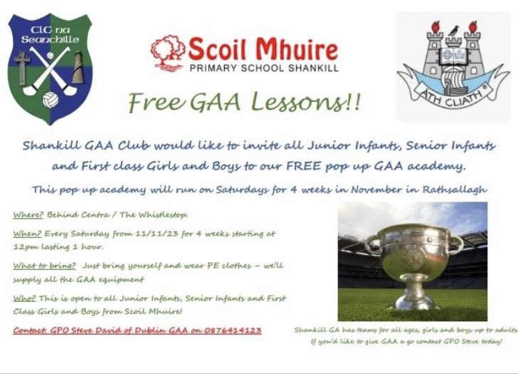 We are running a pop up academy for boys and girls from junior infants to 1st class from 12-1 on Saturday the 11th November. All gaa equipment will be supplied and it is completely free of charge. Call down with your sons and daughters and we’ll take of the rest.