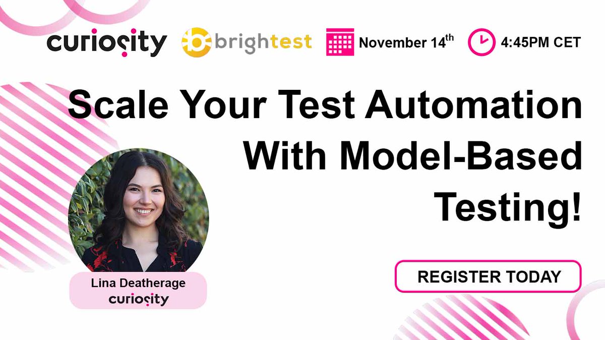 CuriositySoft's tweet image. Join Lina Deatherage next week to learn how you can scale your test automation with model-based testing at the Brightest tool discovery night webinar: hubs.li/Q026XYXq0 🎥💡
#testautomation #modelbasedtesting #softwaredevelopment #softwaretesting #devops