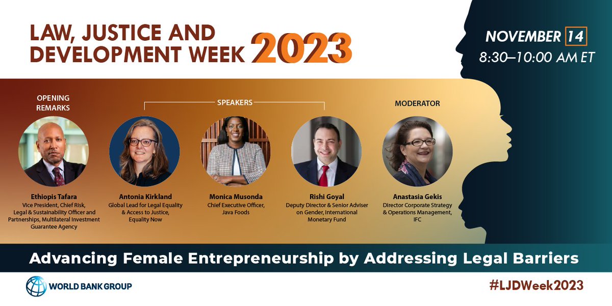 #SDG5 #SDG16 #econdev #WomenBusinessAndLaw #legalreform + access to finance are integral to advancing #femaleentrepreneurship in developing countries. 

#inhousecounsel #generalcounsel are key to unlock #PrivateSector finance.

Save the date: wrld.bg/FJnO50Q5VO2