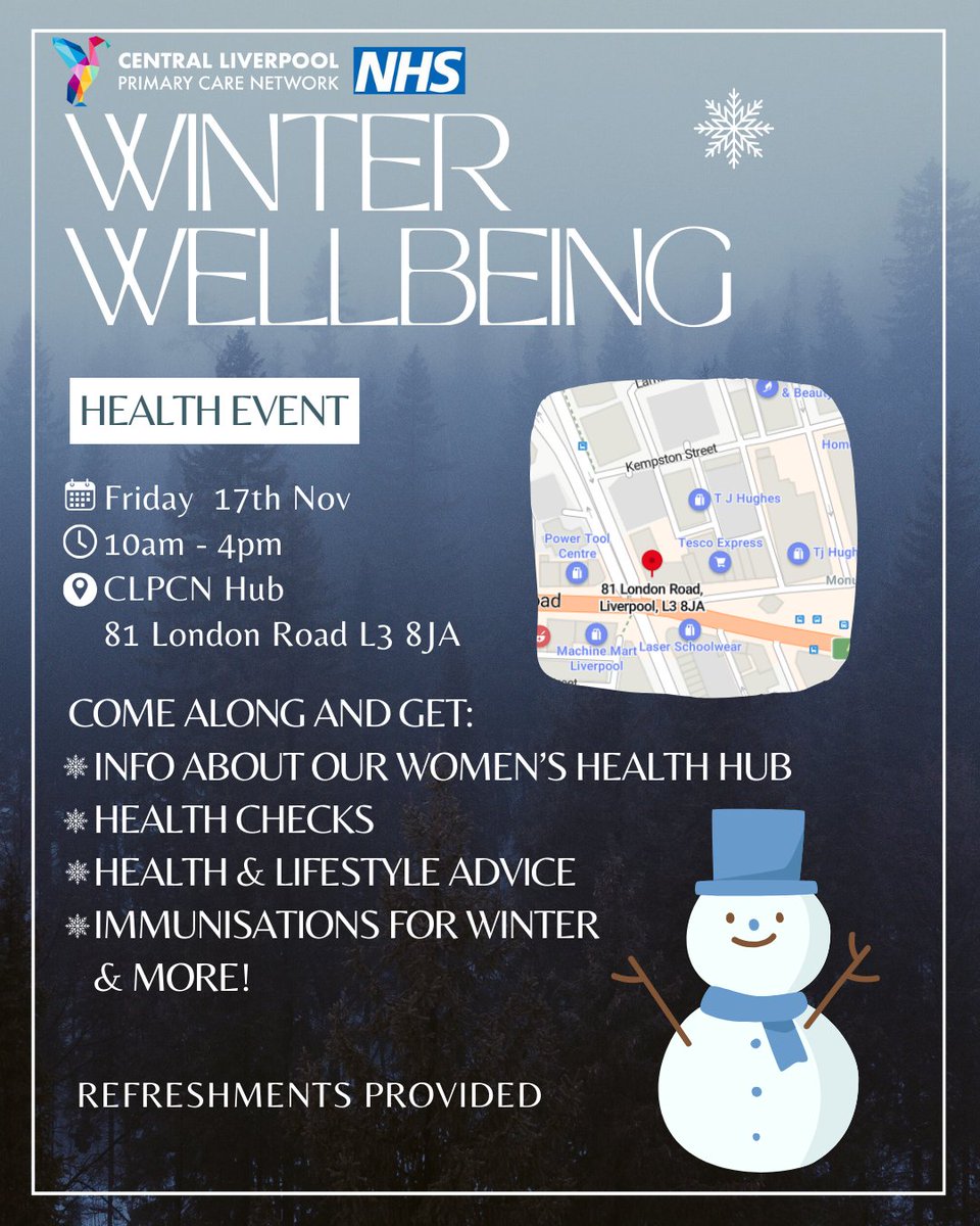 We also have a Winter Wellbeing Event at our very own CLPCN Hub next Friday 10am-4pm!

Come along for: 
❄️Info about our Women’s Health Hub
❄️Health checks
❄️Health &amp; lifestyle Advice
❄️Immunisations for winter