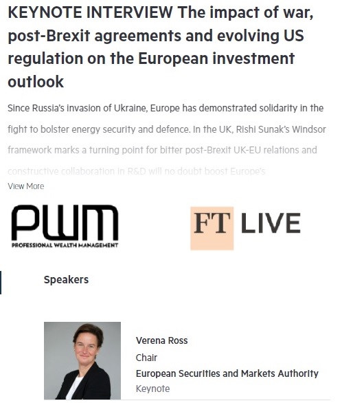 ESMAComms's tweet image. 🎙️ ESMA Chair, #VerenaRoss, had an interview yesterday at the Global Wealth Management Summit. #WMS2023

She spoke about:
🔎CMU
🔎UCITS 
🔎greenwashing 
🔎cryptocurrencies 
🔎international crisis
🔎#Brexit
🔎relationship with UK’s financial supervisors

wealthmanagement.pwmnet.com
