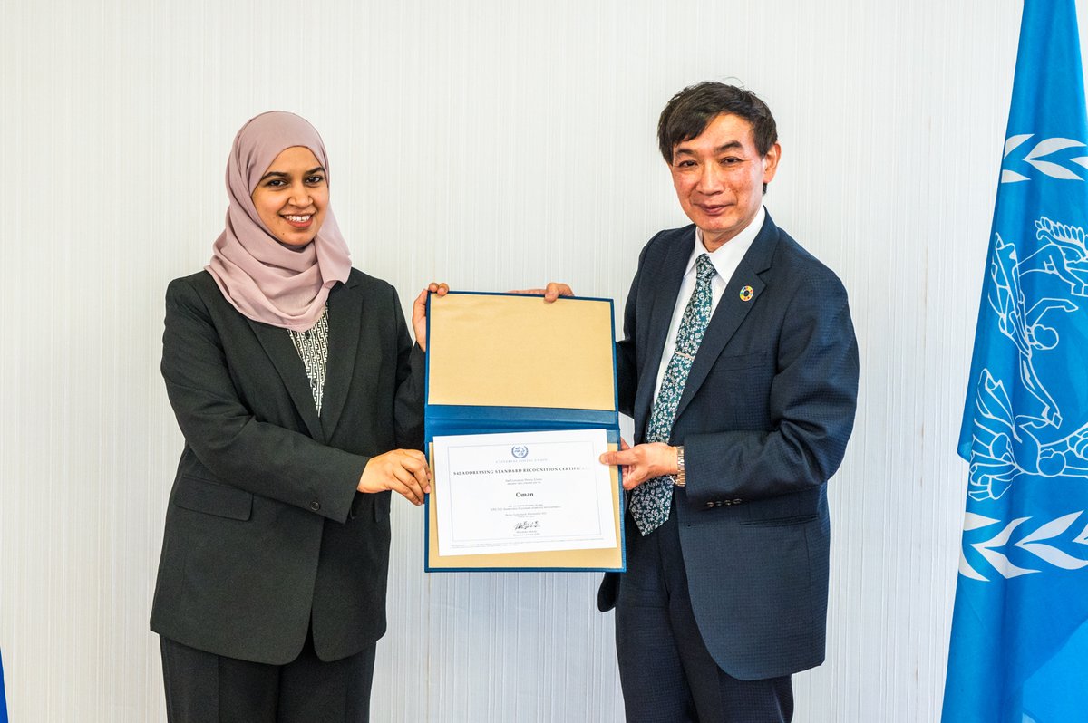 UPU_DG's tweet image. Delighted to meet with Ms Sahar Aljabri, Quality Assurance Control &amp;amp; Compliance Lead at @oman_post, on the side of the UPU CA session &amp;amp; to present the S42 Addressing Standard Certificate in recognition of #Oman Post&apos;s hard work on improving the #addressing system in the country.