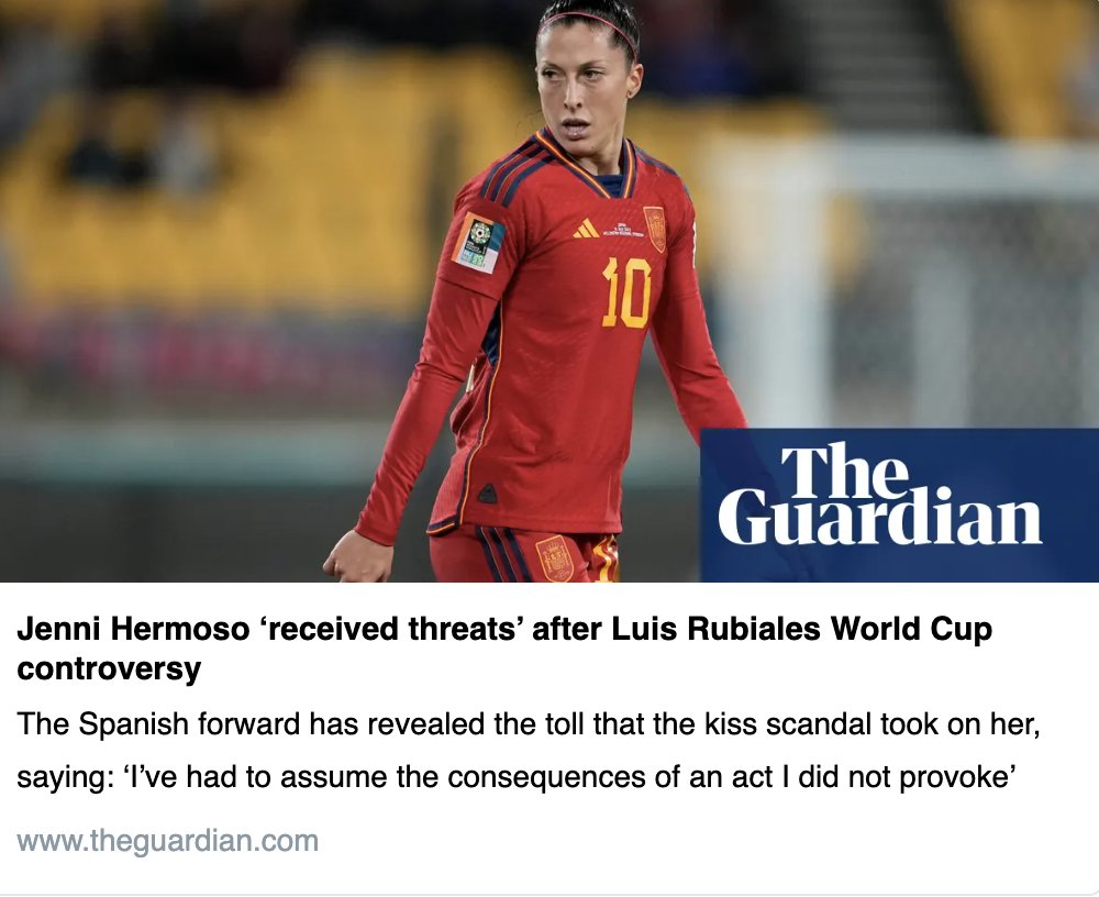 “I’ve had to assume the consequences of an act that I did not provoke, that I had not chosen or premeditated. I have received threats, and that is something you never get used to.” – Jenni Hermoso #ContigoJenny theguardian.com/football/2023/…