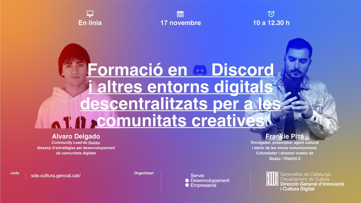 El proper divendres 17 organitzem amb <a href="/sdeicec/">sdeicec</a> una  sessió sobre <a href="/discord/">Discord</a> on explorarem a les possibilitats que aquesta realitat ofereix en la creació de conexions, nodes i comunitats entre professionals del sector creatiu.

No te la perdis! 

tuit.cat/vT8jl

<a href="/weareguzzu/">GUZZU</a>