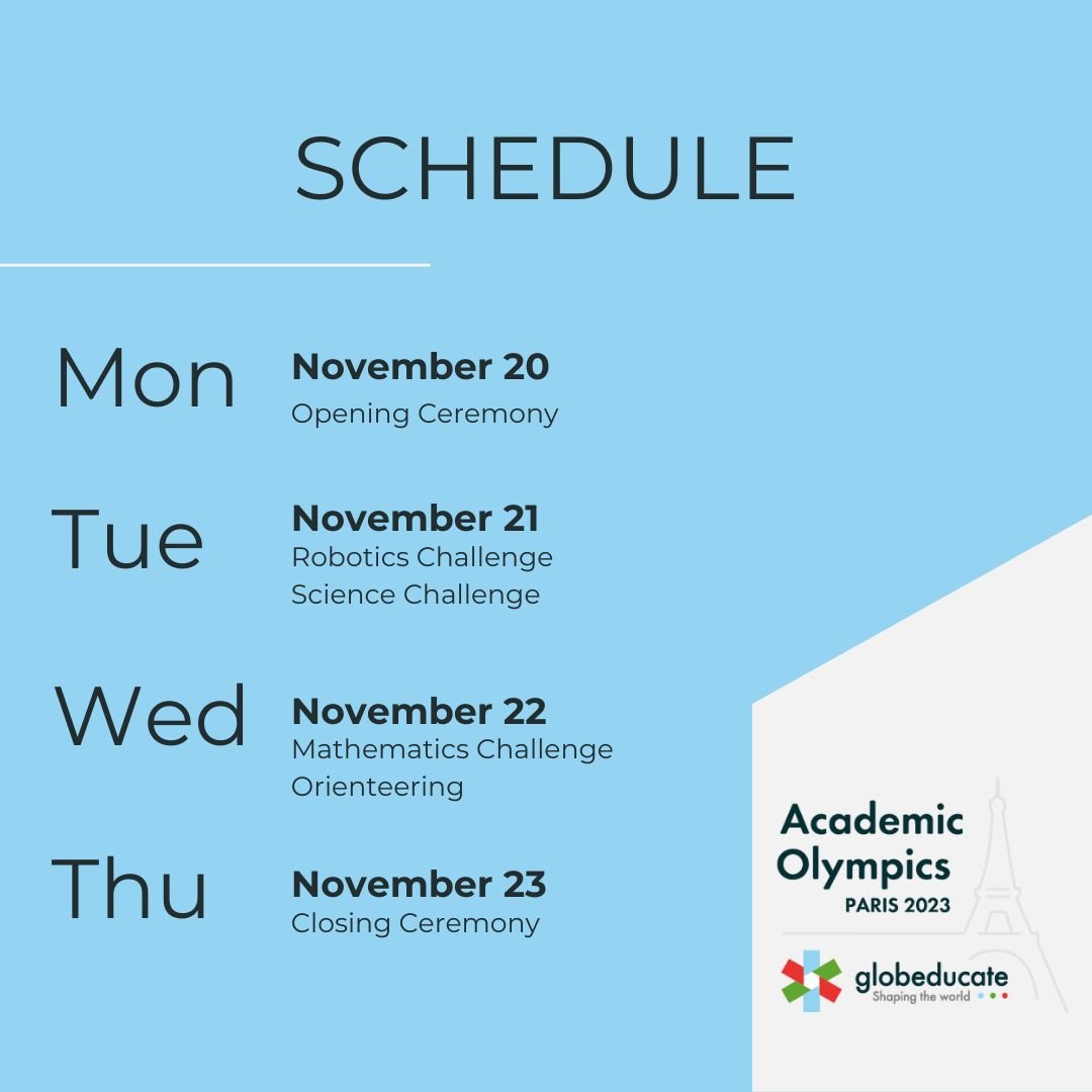 📣 From November 20th to 24th, we've got a jam-packed lineup, including the Opening Ceremony, STEAM activities, Orienteering around several Parisian landmarks locations in Paris, and a grand Closing Ceremony in an emblematic Parisian venue.

#academicolympics23