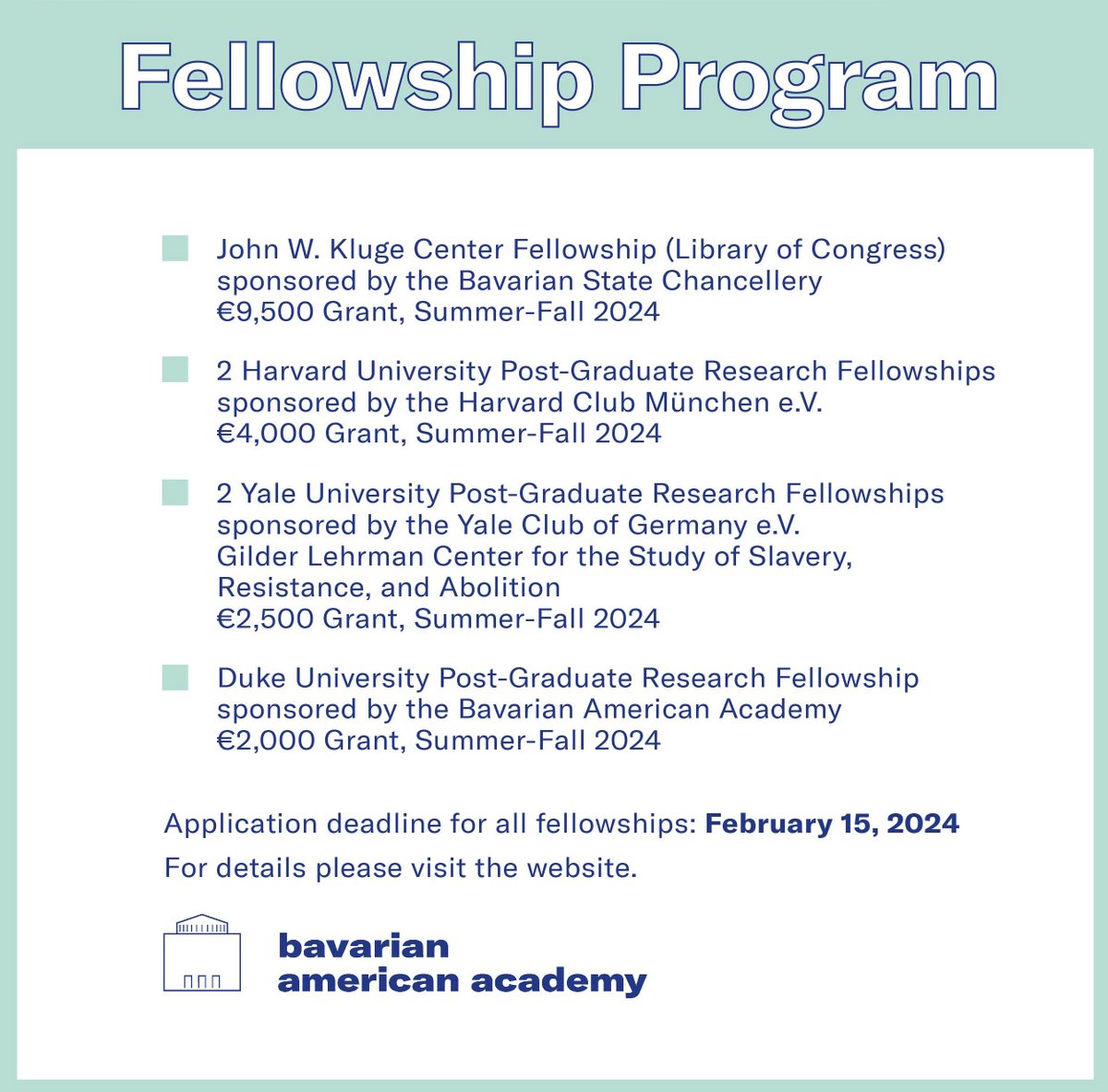 #CallForApplications: The #BavarianAmericanAcademy invites early career researchers at Bavarian universities to apply for the BAA-Fellowships 2024. 
📅 Application Deadline: 15 February 2024.
💡 More Details: amerikahaus.de/en/bavarian-am….
❓ Please contact me for individual questions.