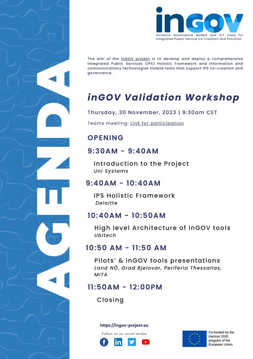 📢 Join us at the Final Validation Workshop of the <a href="/inGOV_project/">inGOV</a>!

🌍✨ Discover innovative ICT-supported governance models and mobile apps that enhance collaboration and trust in Integrated Public Services (IPS).

Link for participation: teams.microsoft.com/l/meetup-join/…