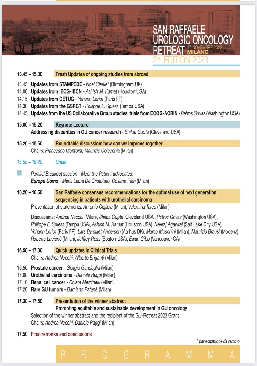 Our @SanRaffaeleMI #GUOncology #Retreat is just 1 week close. Can’t wait to welcome so many friends and KOL in the GU field! Our junior Faculty @Anto_cigliola #Tateo will chair the San Raffaele consensus on NGS in UC. Finally we will assign the 1st best abstract! @CMercinelli