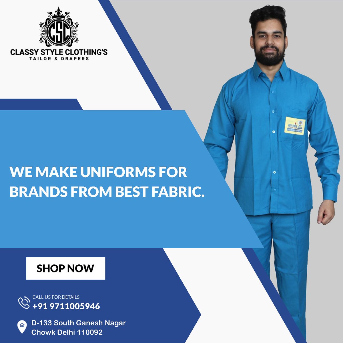 For more details visit:-
☎Call- +91 9711005946
📨Email-classystyleclothings@gmail.com
🌎visit - D-133 South ganesh nagar chowk Delhi 110092

#UniformsByDesign #QualityUniforms #BrandedApparel #FabricPerfection #CustomUniforms #TopNotchBrands #HighQualityFabrics