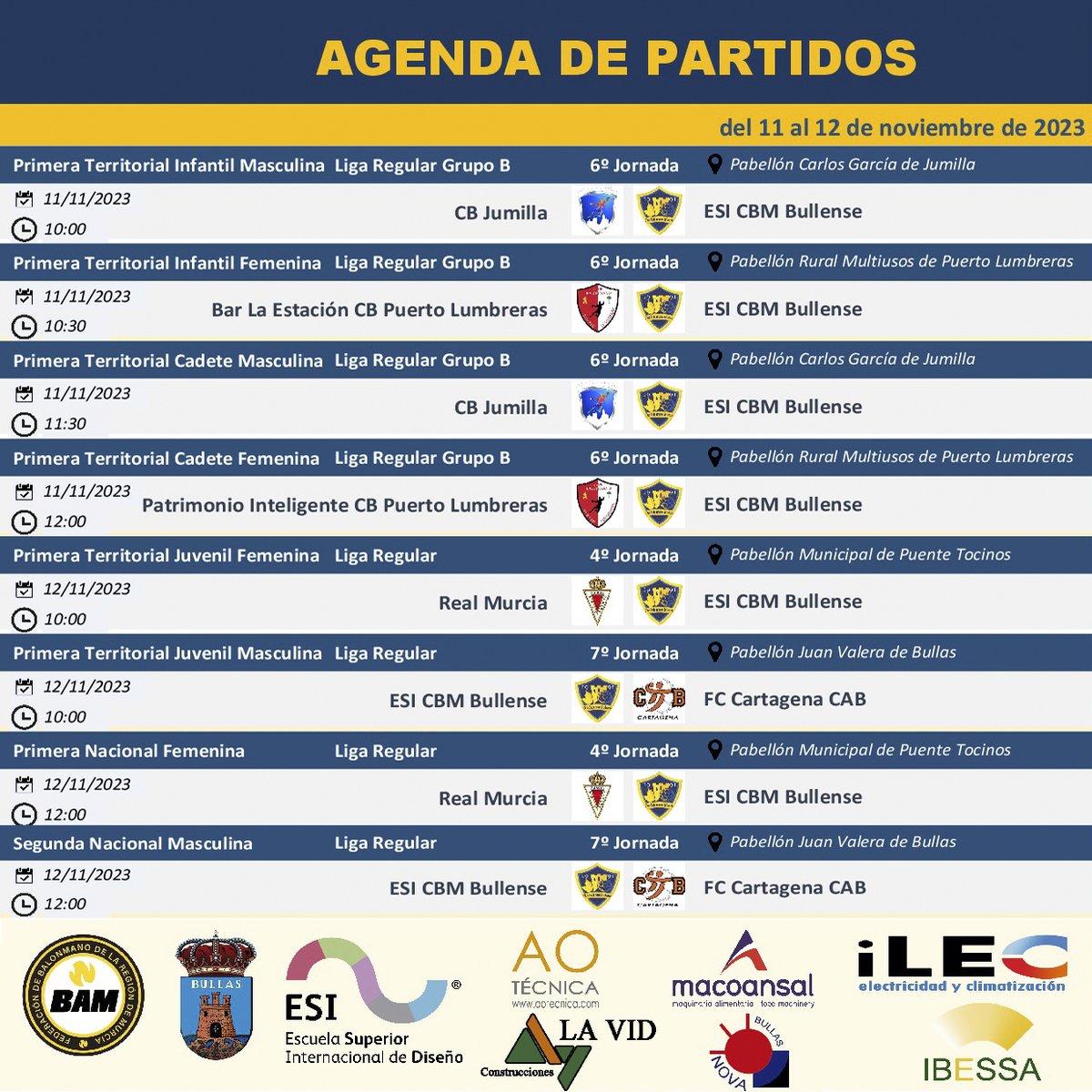 CBMBullense's tweet photo. 📅 AGENDA DE PARTIDOS FIN DE SEMANA
#BALONMANO #BULLENSE #BULLAS #CANTERA #FAMILIA #ORGULLO https://t.co/HfvUsMdtWi