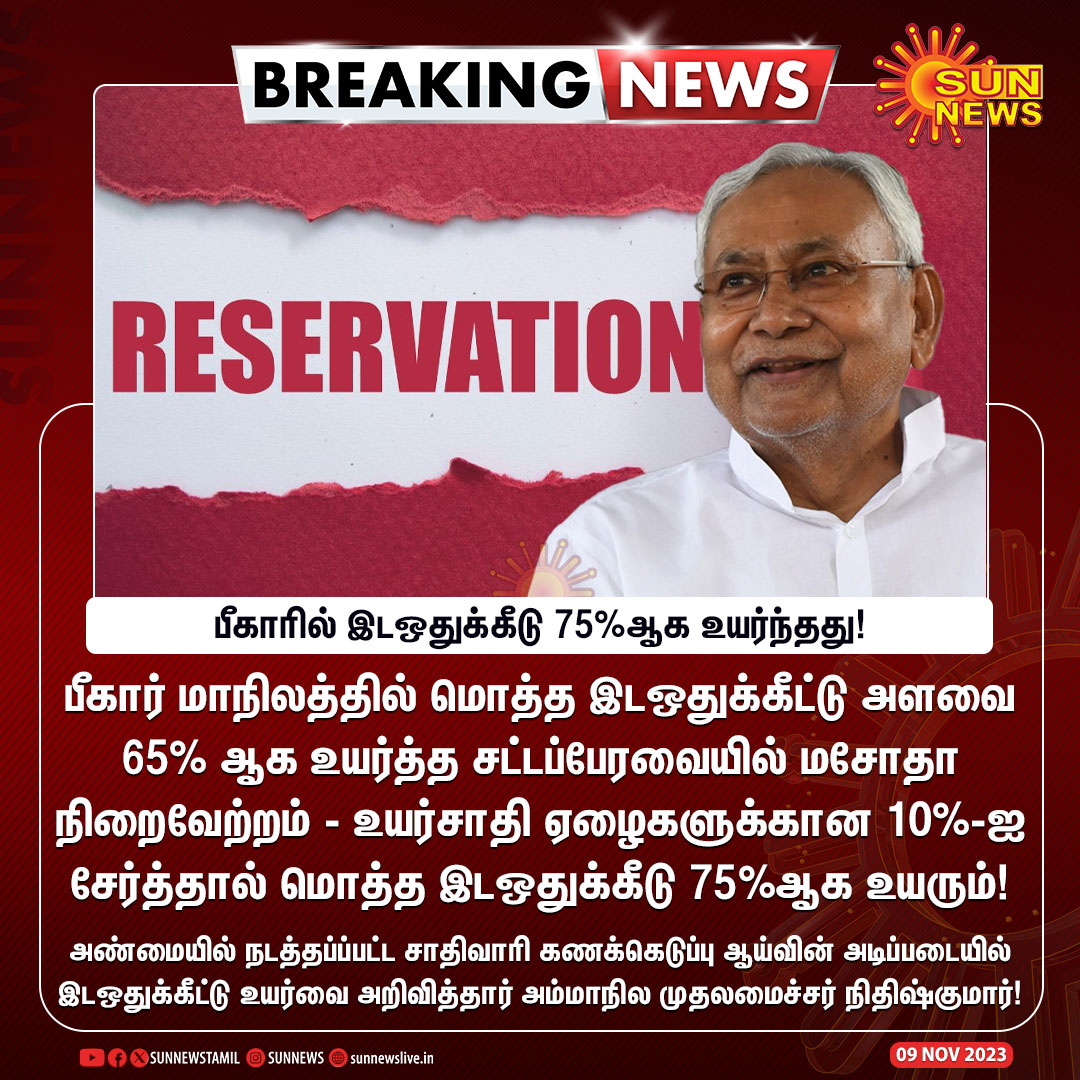 #BREAKING | சாதிவாரி கணக்கெடுப்பு ஆய்வின் அடிப்படையில் பீகாரில் இடஒதுக்கீடு 75%ஆக உயர்ந்தது!

#SunNews | #Reservation | #BiharCasteSurvey