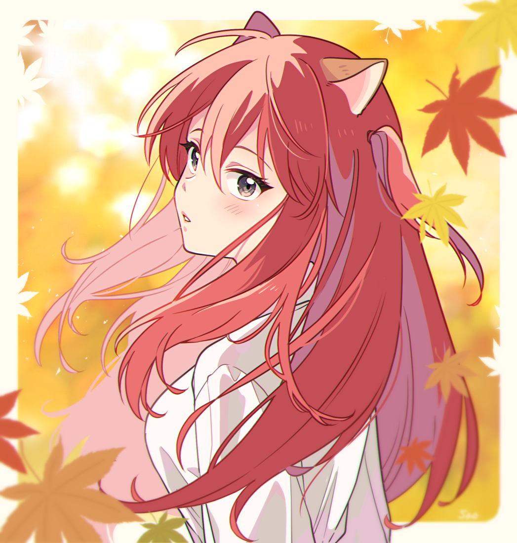 1girl solo animal ears long hair looking at viewer leaf red hair  illustration images