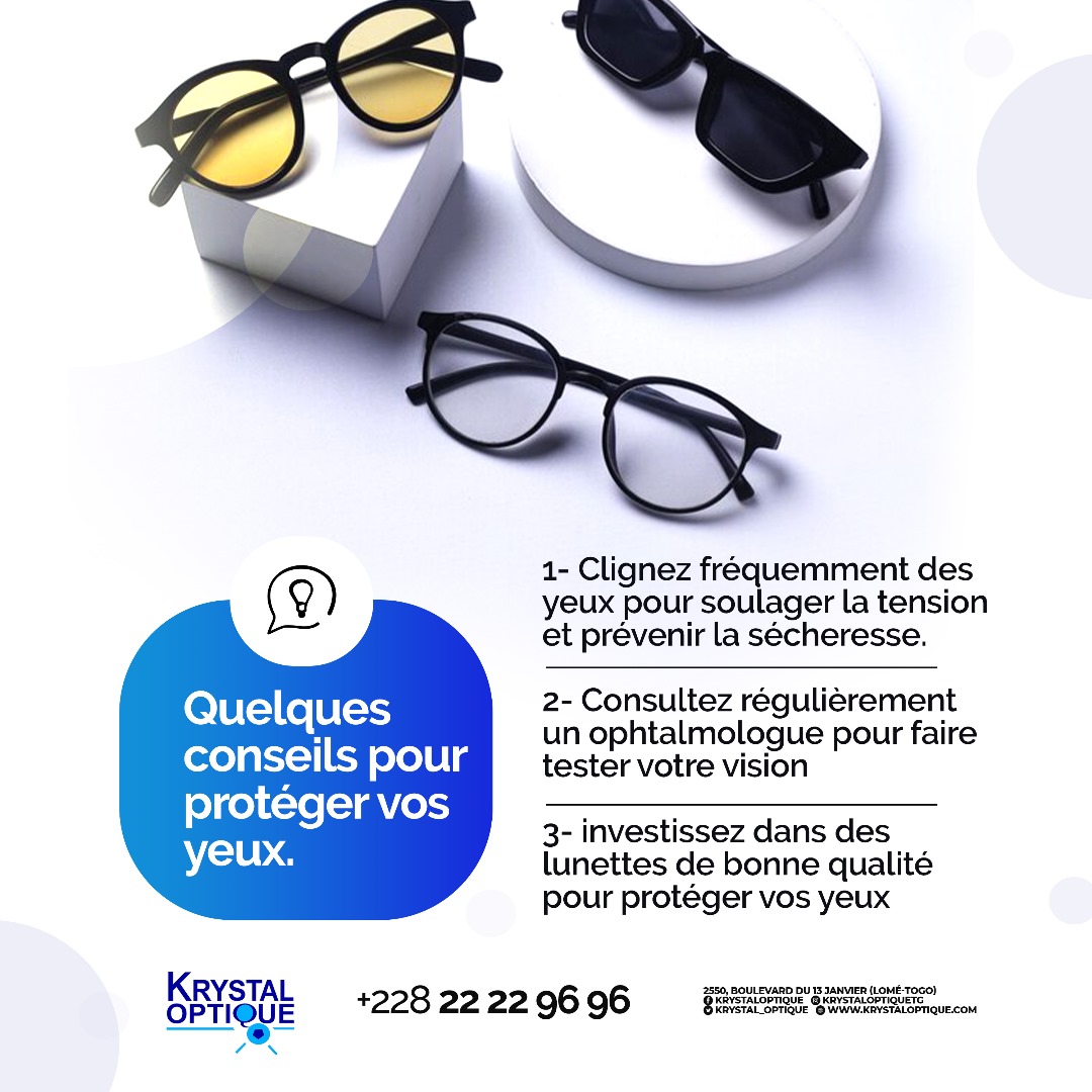 Voici pour vous, quelques gestes facile  à faire et des conseils qui vous permettront d’anticiper les maux d’yeux.

N'hésitez pas à les partager autour de vous.

#krystalOptique #Opticien #Optique #Lunetterie #Lome