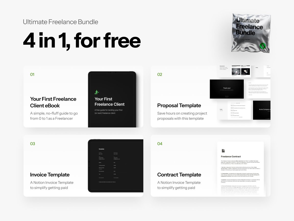 I made the Ultimate Bundle for Freelance Designers 🔥💰

It includes:
- "Your First Freelance Client" eBook
- Proposal Template
- Invoice Template
- Contract Template

I'm giving it away for FREE

Retweet and reply with "👋" and I'll send it to you (must be following so I can DM)