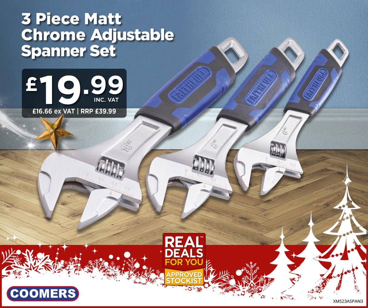 Coomersltd's tweet image. Save £20 on this Faithfull 3 Piece Adjustable Spanner Set, containing 150, 200 and 250mm sizes. Another of our Christmas Real Deals. Available in-store whist limited stocks last. bit.ly/XMSRD23 🎄🔧
#tools #spanners #spannerset #trade #diy #christmasgifts #greatdeals