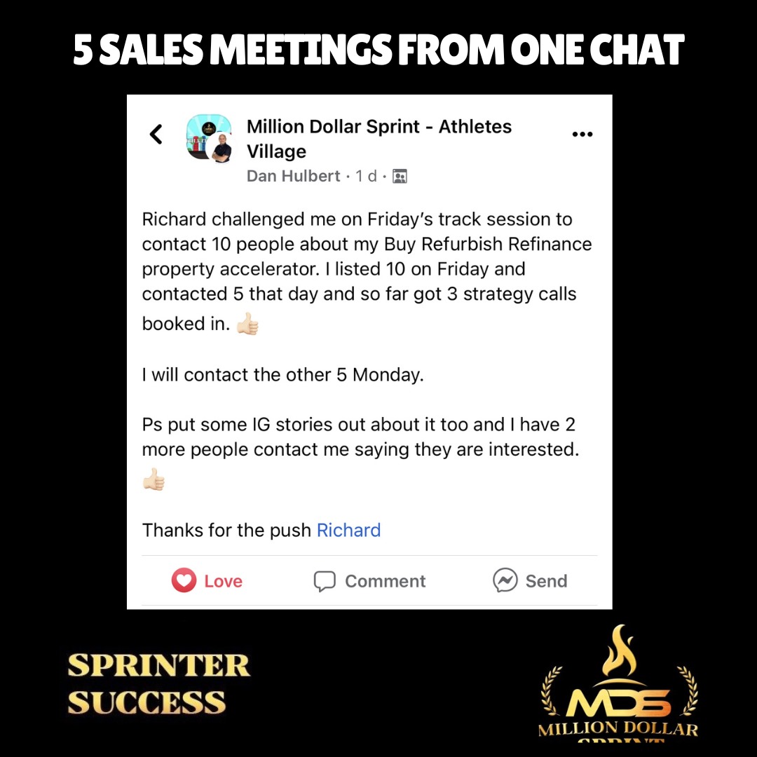 Sometimes doing the simple things well is the hardest thing in business. From one quick conversation in a coaching session Million Dollar Sprinter Dan was able to book 5 sales conversations. For more ideas on how to grow your business, book a session with me. #Win