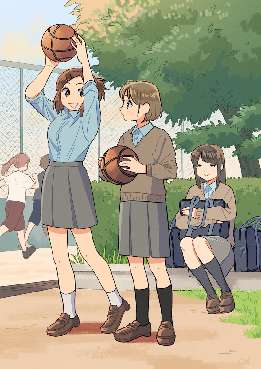 multiple girls basketball brown hair school uniform skirt bag smile  illustration images