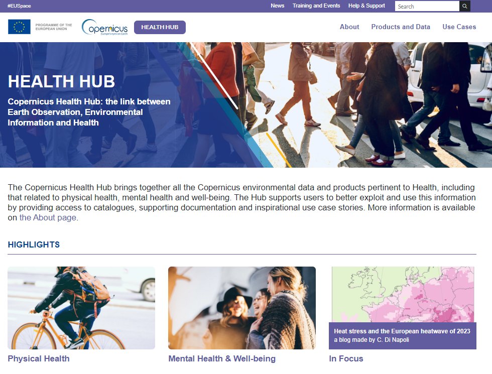 #EUSW 

The Copernicus Thematic Hub for #Health is a unique access point to all the Copernicus  datasets, documentation &amp; use case stories  relevant to health matters⚕️