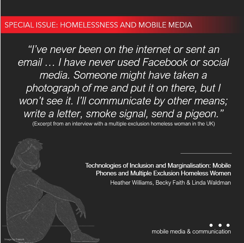 New in our #specialissue on #homelessness: Explore mobile phone use among multiple exclusion homeless women in 🇬🇧. Heather Williams, @Becky_Faith & Linda Waldman shed light on the limited agency, connection & invisibility these women experience daily.📱 👉journals.sagepub.com/doi/10.1177/20…