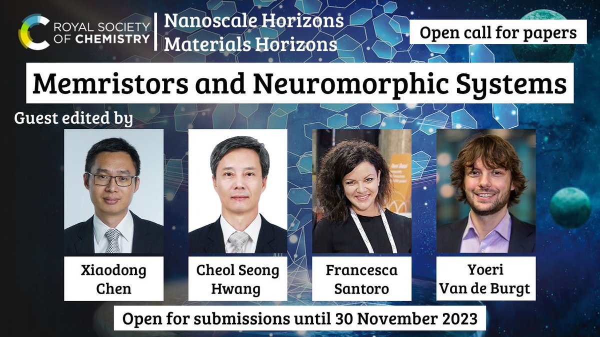 Deadline soon approaching to submit your work to this collection on #memristors and #neuromorphic systems across @MaterHoriz and #NanoscaleHorizons @nanoscale_rsc guest edited by @ChenXD_NTU_Sg, Cheol Seong Hwang, @santorof14 and @yvdburgt blogs.rsc.org/mh/2023/09/11/…